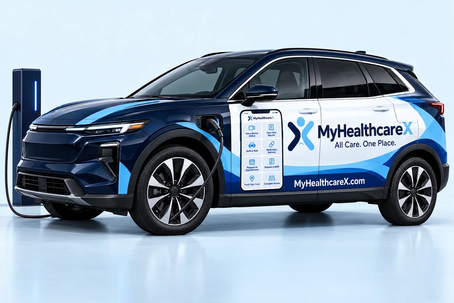 Navy and light blue MyHealthcareX electric crossover connected to a charging station