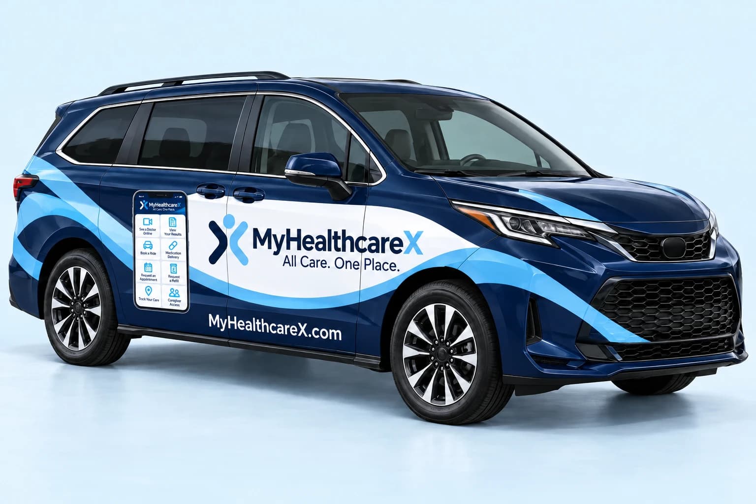 Navy and light blue MyHealthcareX passenger minivan with branded logo and eight-service app graphic
