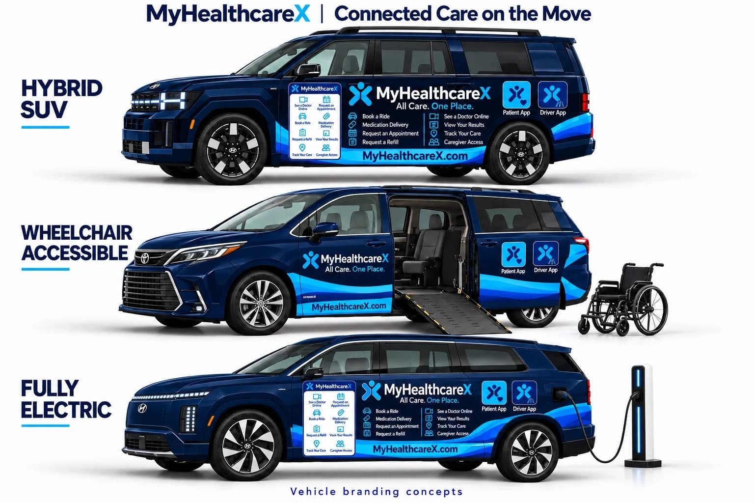 MyHealthcareX navy and light blue branded hybrid SUV, wheelchair-accessible minivan with ramp, and fully electric vehicle concepts with Patient App and Driver App badges